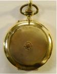 Gouden zakhorloge, circa 1920. Maker: Pronto. Emaille wijzerplaat met arabische cijfers. Prijs: €.750,-