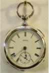 Zilveren zakhorloge met sleutelopwinding. Maker: American Watch Co. Waltham, Mass. Circa 1882. Prijs: .595,- 