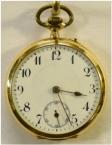 Gouden zakhorloge, circa 1920. Maker: Pronto. Emaille wijzerplaat met arabische cijfers. Prijs: .750,-